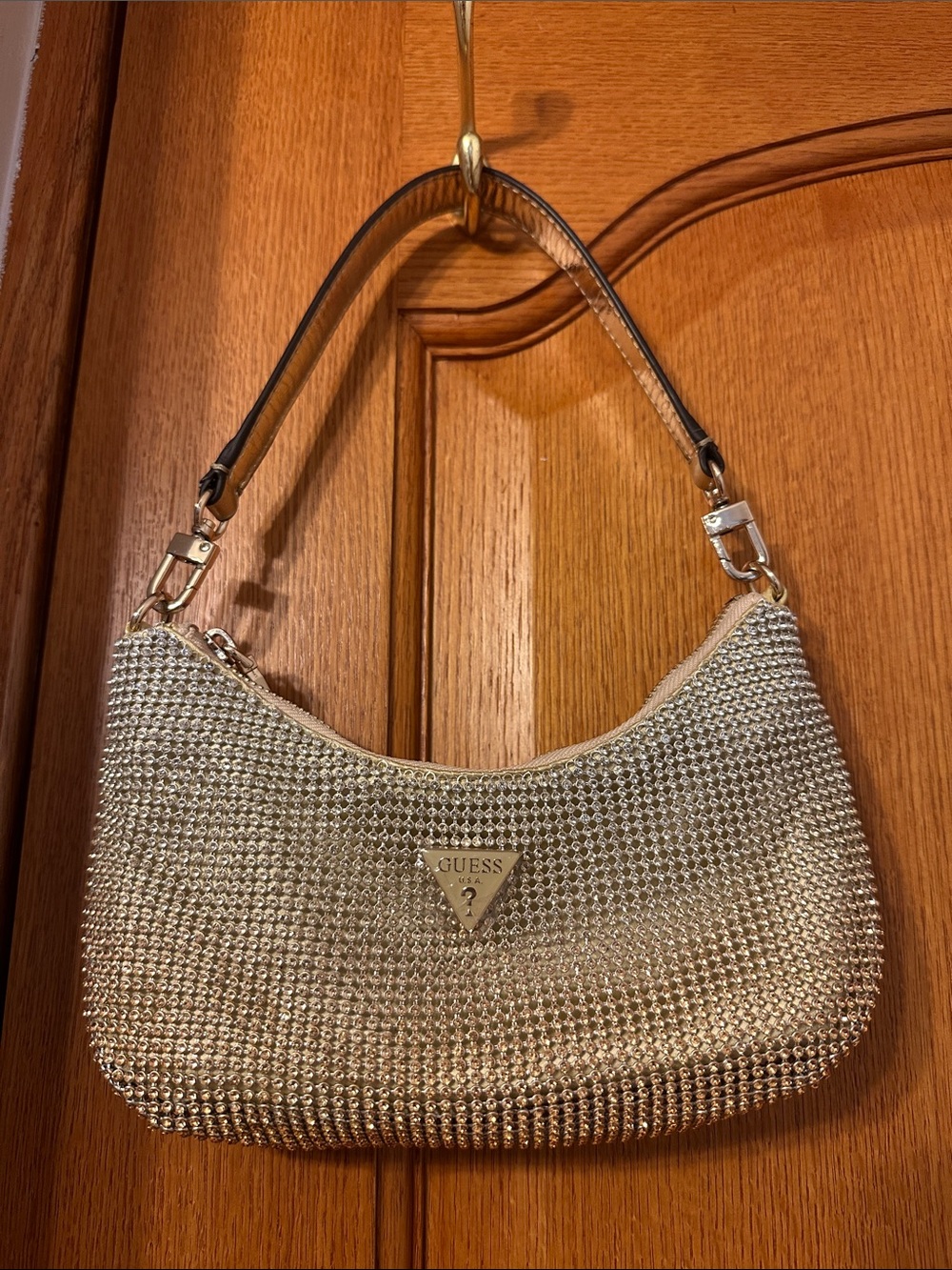 GUESS Gold Rhinestone Shoulder Bag with Top Strap